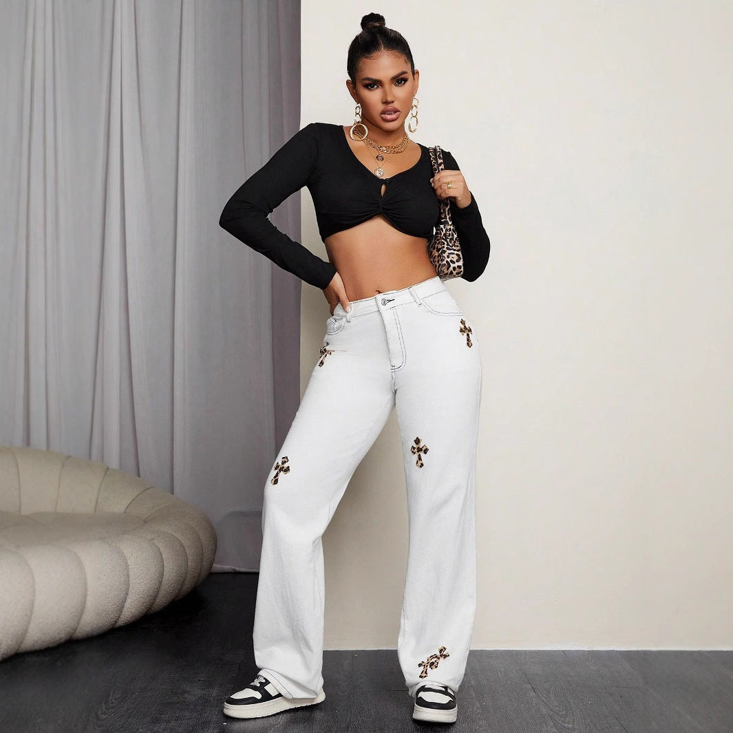 Kvindernes casual jeans med iøjnefaldende dyre print applique Stilla