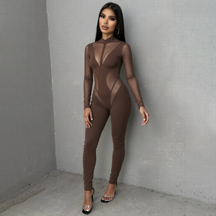 Dame Elegant Catsuit med gennemsigtige indsatser og høj krave Skovae