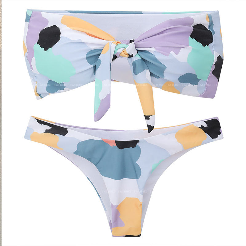Dame Bikini-sæt med stilfuld knude-design og høj benskæring Skovae