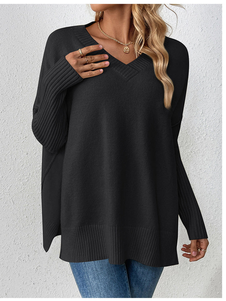 Dame afslappet sweater med dyb V-udskæring og struktureret ribdesign Stilla