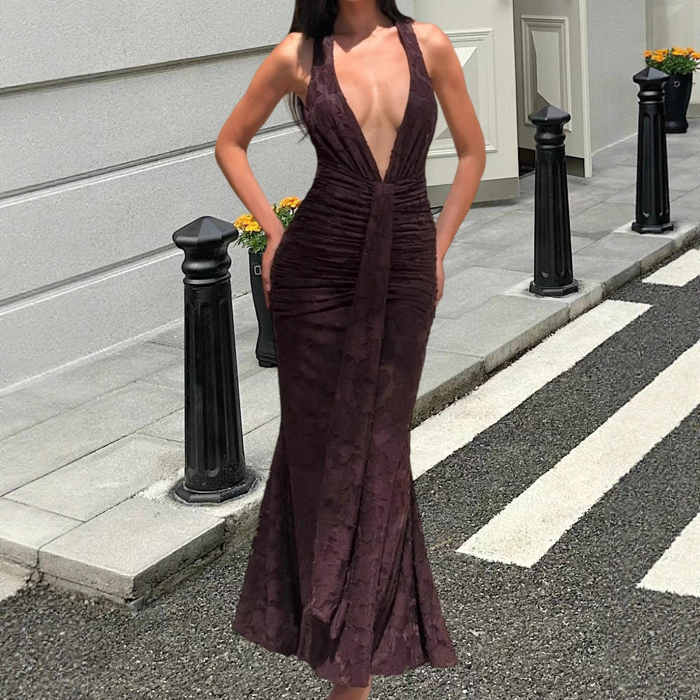 Damer Elegant Maxi Kjole med Dyb V-Hals og Volang Design