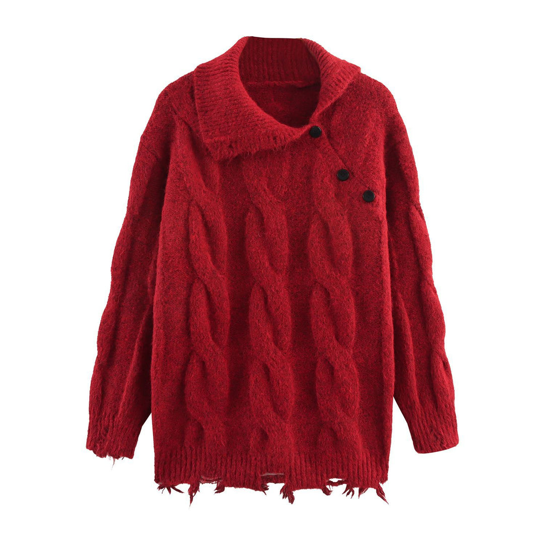 Dame grovstrikket pullover med moderne krave og knapdetaljer Stilla