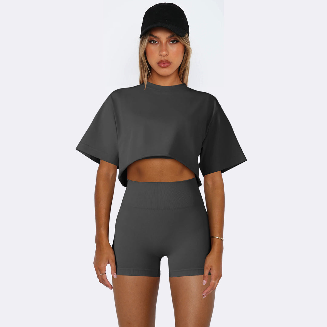 Dame sportiv Crop-Top- og shorts-sæt med høj talje og oversized pasform Stilla