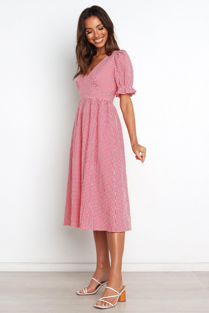 Dame V-Udskæring Gingham Midi Kjole med Puffærmer Stilla