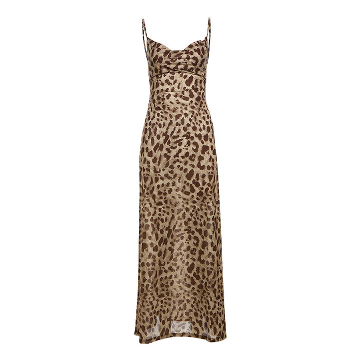 Dame maxi kjole med elegant leopardmønster og smalle stropper Skovae