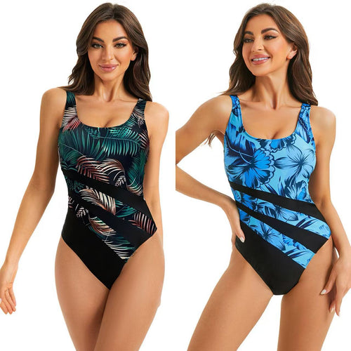 Dame one-piece badedragt med farverigt bladdesign Skovae
