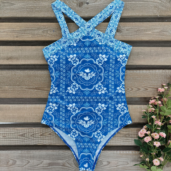 Dame Én-delt Badedragt med raffinerede krydsstropper og blomsterdesign Stilla
