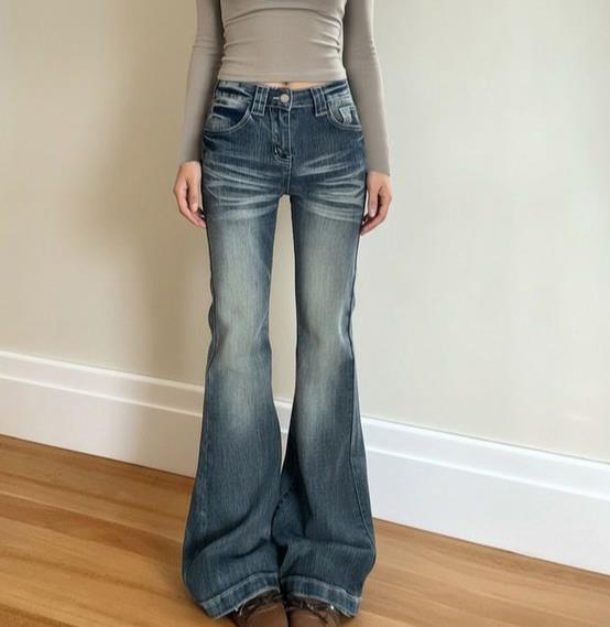 Dame klassiske Flared Jeans med højt liv og frynset kant Skovae