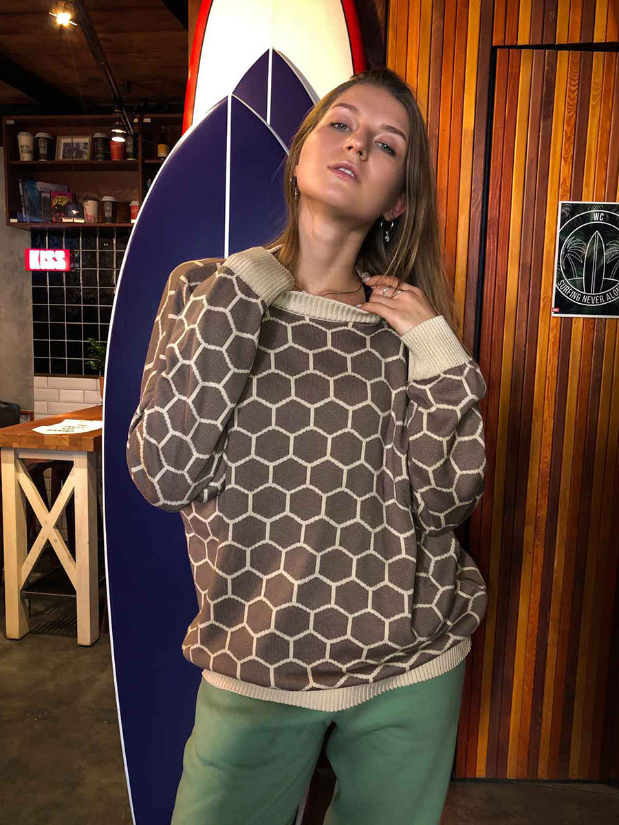 Kvindernes mønstrede sweatshirt med et sødt honningkombinationsmønster og løs pasform Stilla