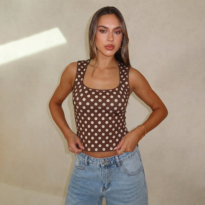 Dame Polka-dot cropped top med kvadratisk U-hals og elastisk talje Skovae