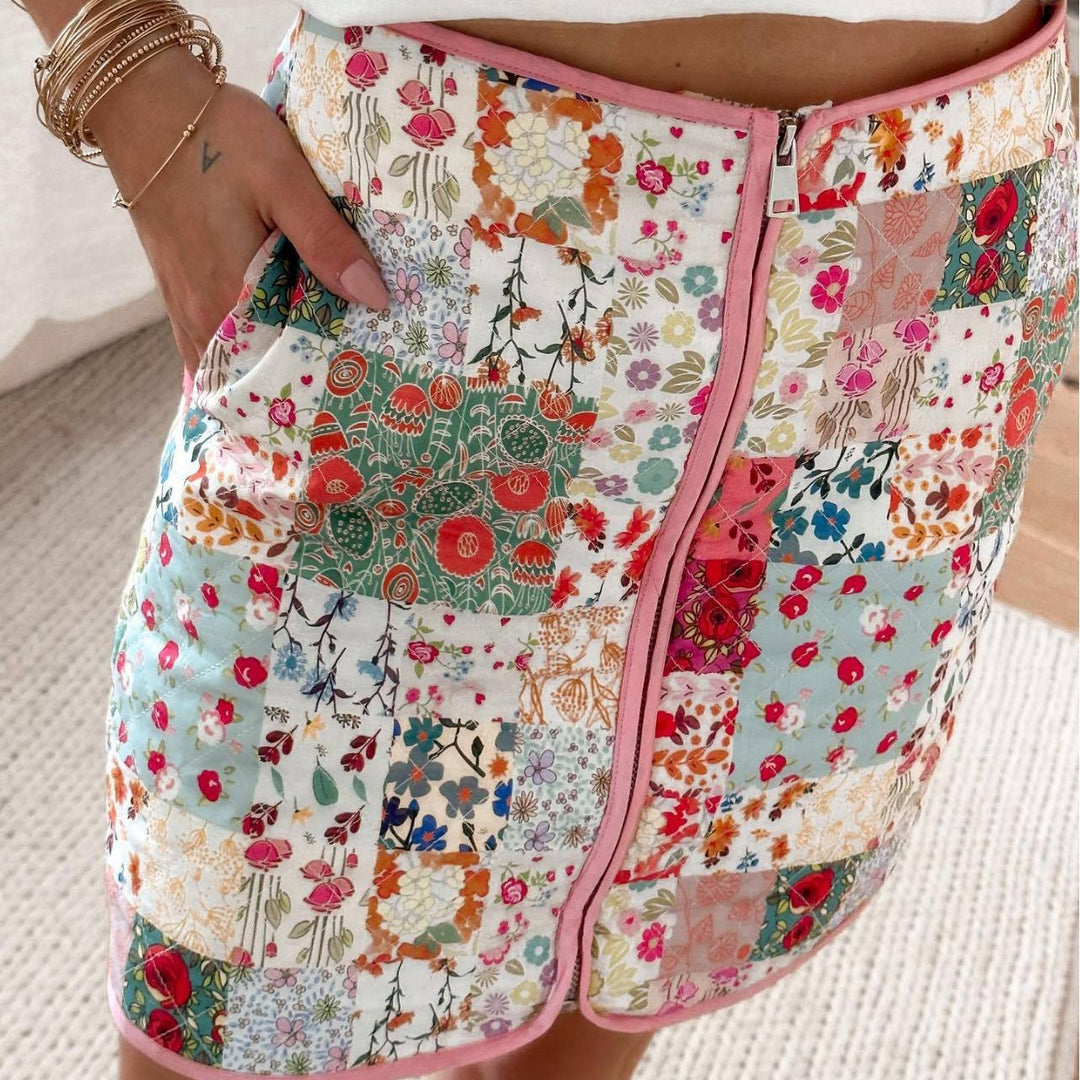 Dame Patchwork Nederdel med lynlås og sidelommer Skovae