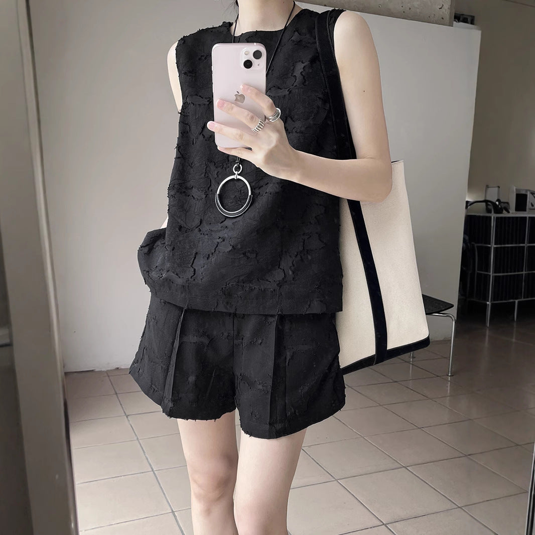 Dame elegant top og shorts sæt med struktureret stof Stilla