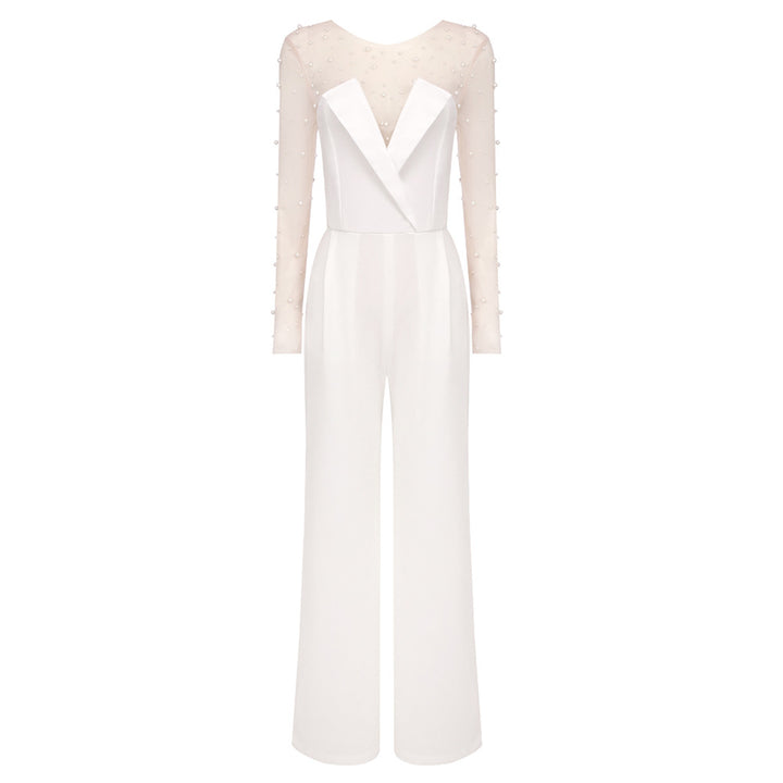 Damer elegant jumpsuit med gennemsigtige ærmer og perledekor Skovae