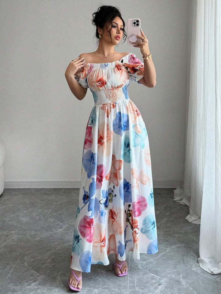 Dame Maxikjole med blomsterprint puffærmer og elastisk taljeområde Stilla