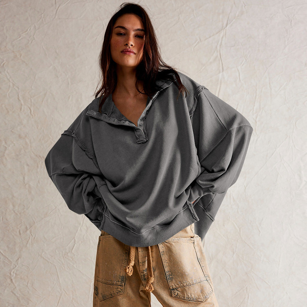 Dame afslappet sweater med trendy krave og knapstand Stilla