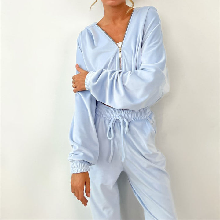 Kvindernes sporty velour sæt med modern lynlås og elastisk talje Skovae