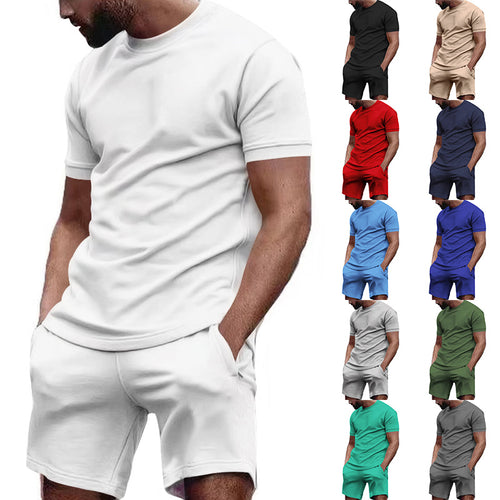 Herren nan minimalistisk jersey-sæt med komfortabel rundhalset skjorte og elastisk tunneltræk-kortbuks Skovae