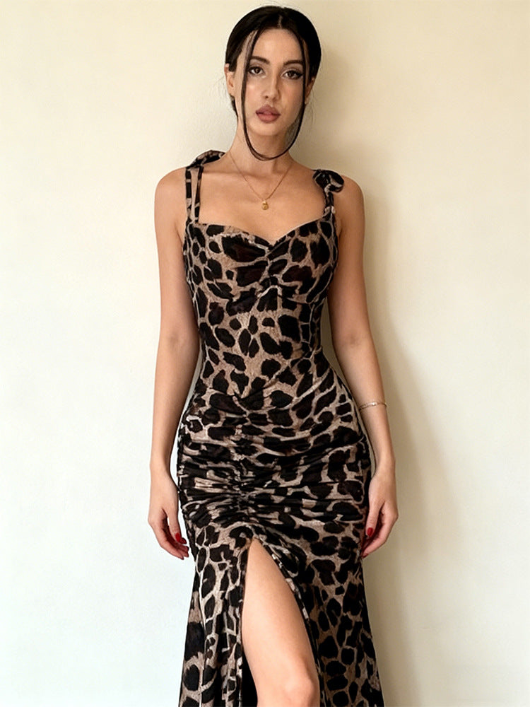 Dame Elegant Maxi Kjole med Leopardprint og Side Slids Skovae