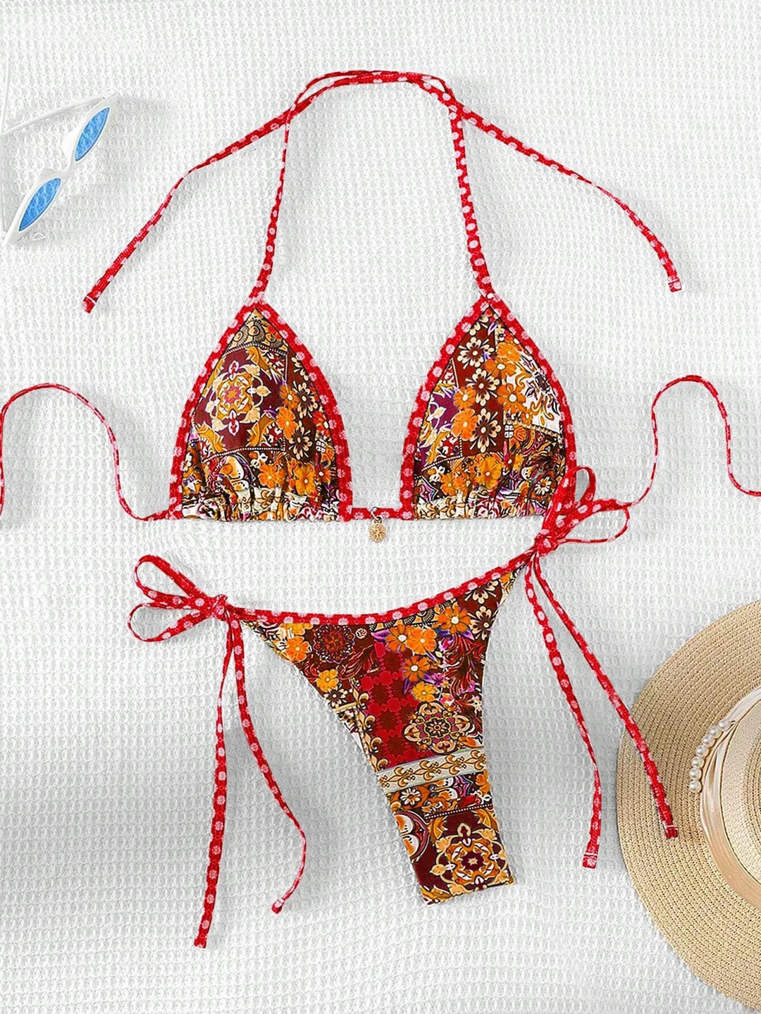Dame triangel-bikini med farverigt blomster mønster mix og justerbare stropper Skovae
