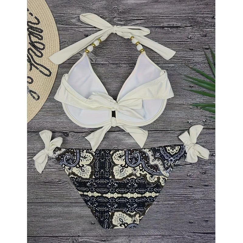 Dame triangel-bikini med detaljeret dekorerede stropper og harmonisk mønster Skovae