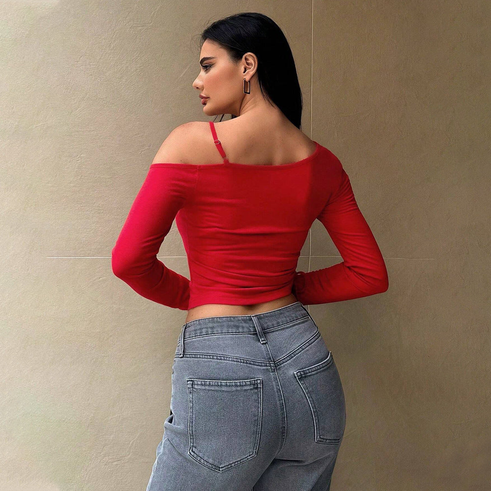 Kvinders langærmet crop top med asymmetrisk snits og ruching Stilla