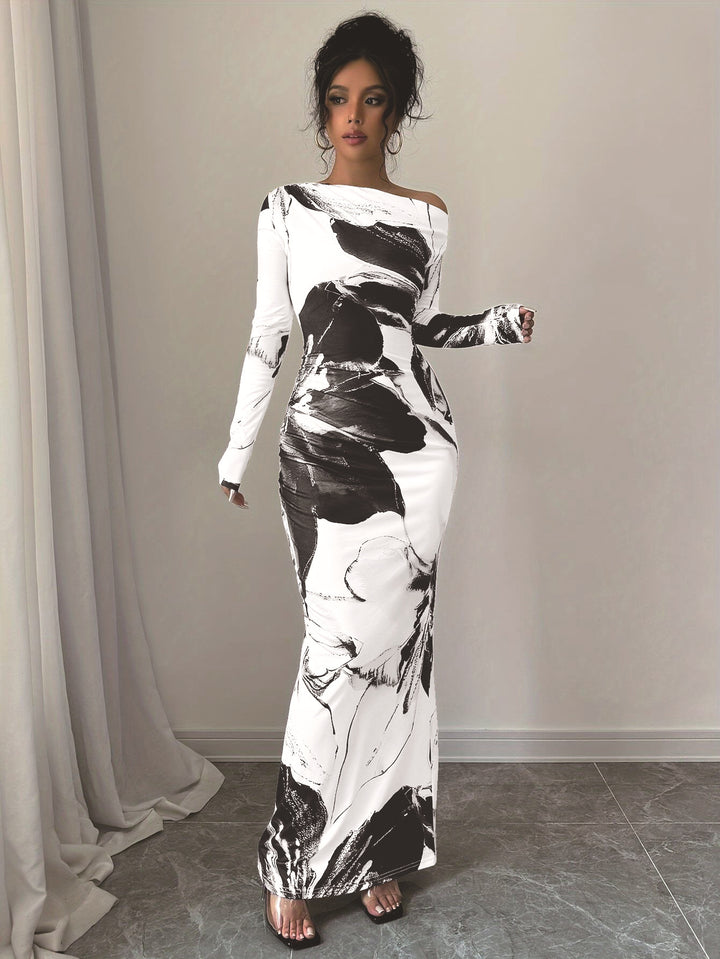 Dame Elegant Off-Shoulder Maxikjole med kunstnerisk blomsterdesign Stilla