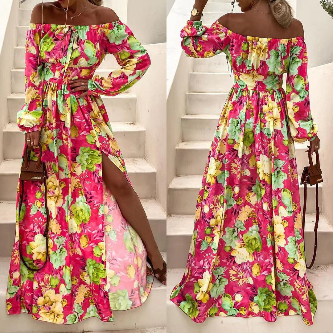 Dame Maxi-kjole med tropisk blomsterdesign og skulderfri design Stilla
