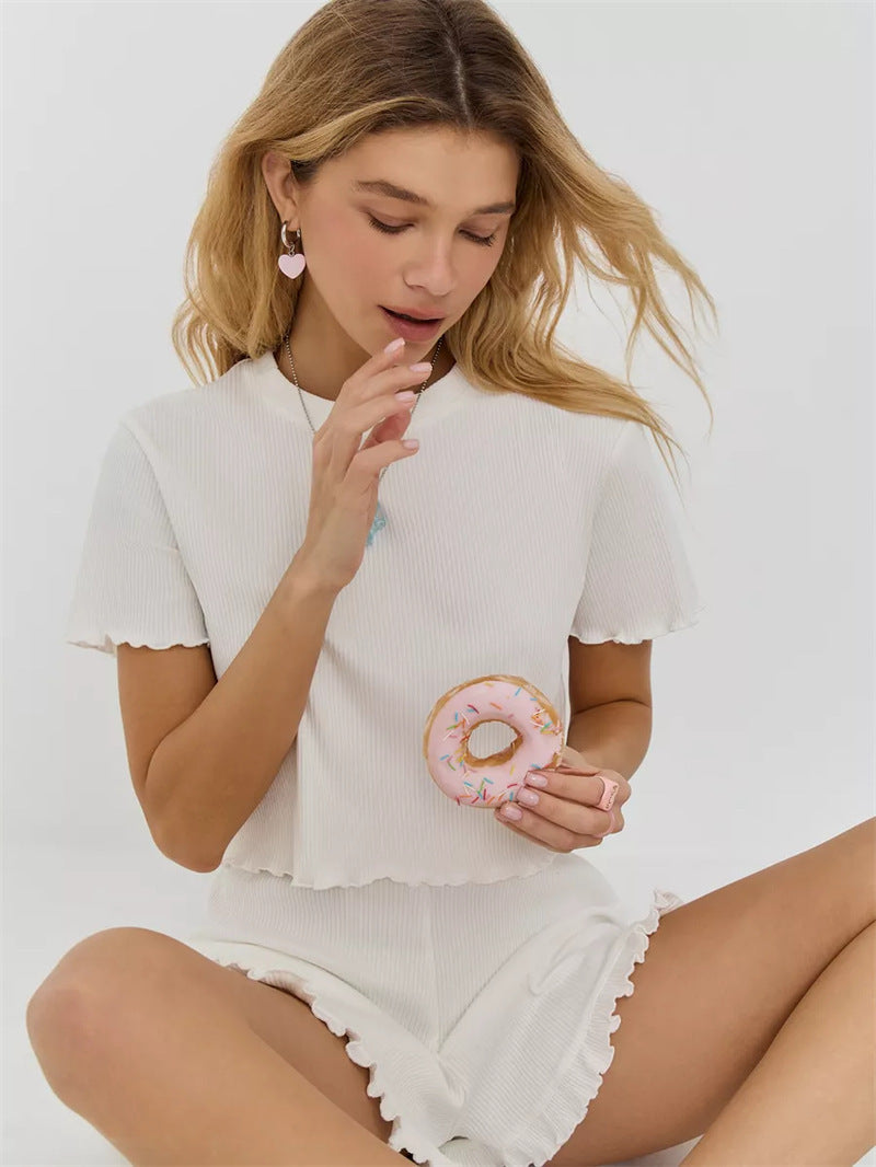 Kvinders afslappede fritids top og shorts sæt med ribbet tekstur og legesyg ruffle