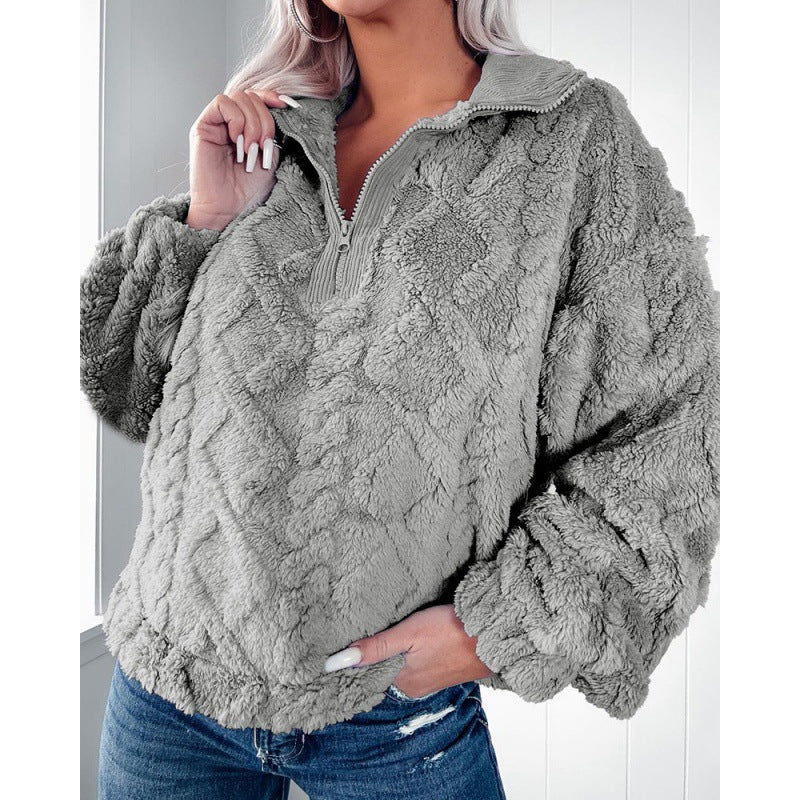 Kvinders hyggelige fleece sweatshirt med højt krave og lynlås Stilla
