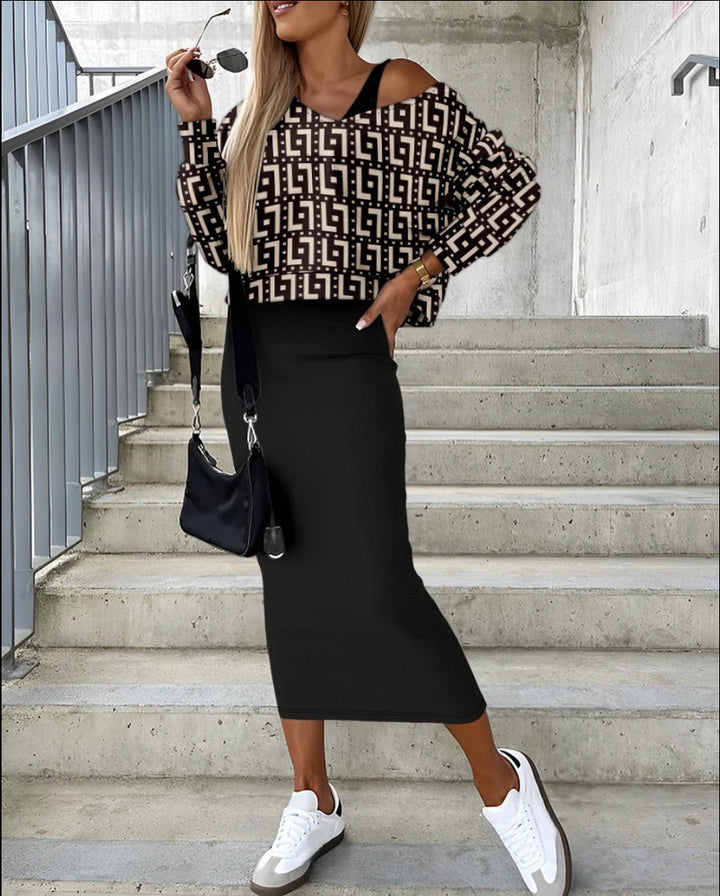 Dame afslappet sweater med asymmetrisk snit og elegant ternet midikjole Stilla