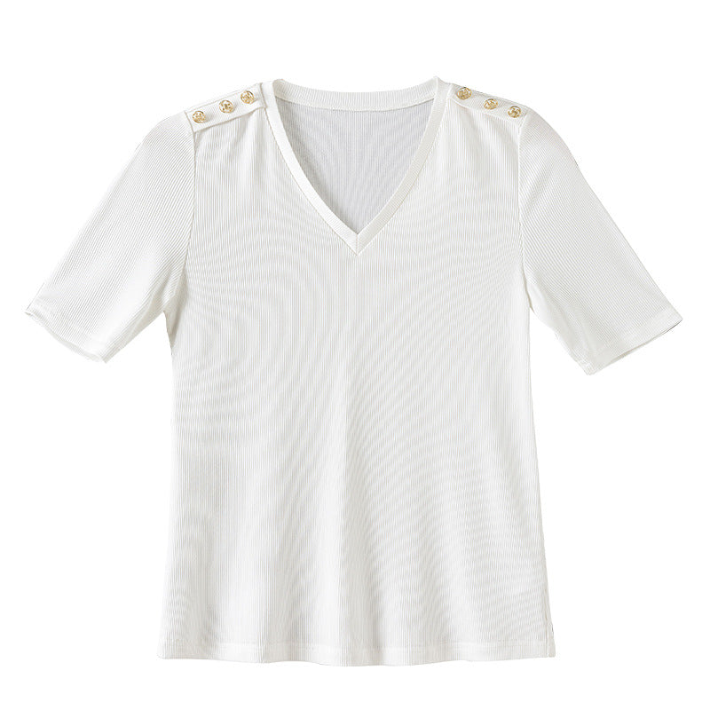 Dame moderigtigt V-hals T-shirt med dekorative knapper på skuldrene Stilla