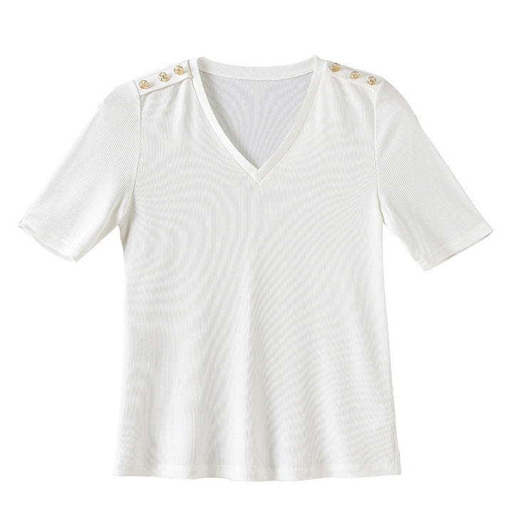 Dame moderigtigt V-hals T-shirt med dekorative knapper på skuldrene Stilla