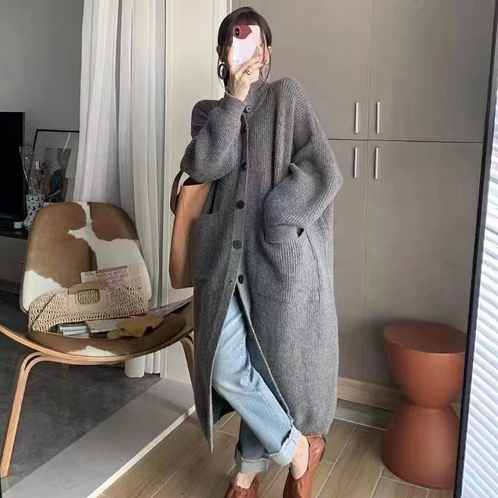 Kvinders chunky strikket cardigan med knaplukning og dybe lommer Stilla
