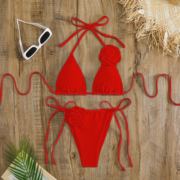 Damer justerbar trekant-bikini med dekorative blomsterapplikationer Skovae
