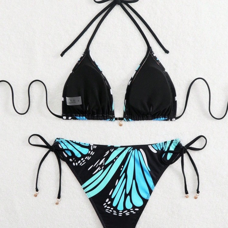 Dame triangel-bikini med stilfulde snoredetaljer og trendy mønster Skovae
