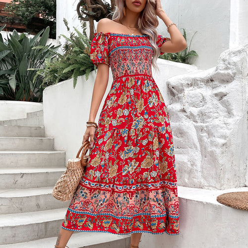 Kvinders Off-Shoulder Maxi Kjole med Blomsterprint og Elastisk Talje Bånd Stilla