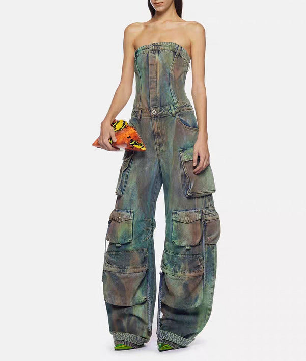 Stilla | Multi Pocket Ripped Waist Slimming Sexy Tube Top Tooling Denim Jumpsuit Kvinder