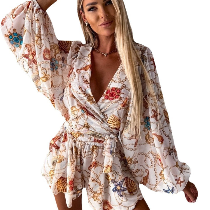 Kvinder Elegant Bohemian Print Wrap Playsuit Stilla