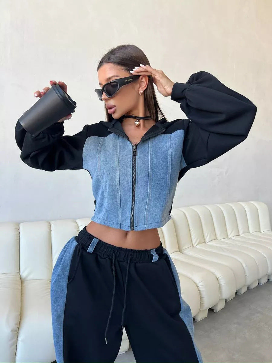 Kvindernes cropped sweatshirt jakke med ballon-formede ærmer og joggingbukser sæt Skovae