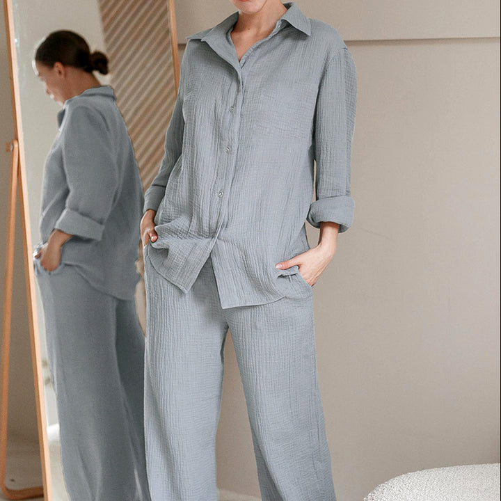 Dame afslappet pyjamas sæt med struktureret overdel og bredt ben Stilla