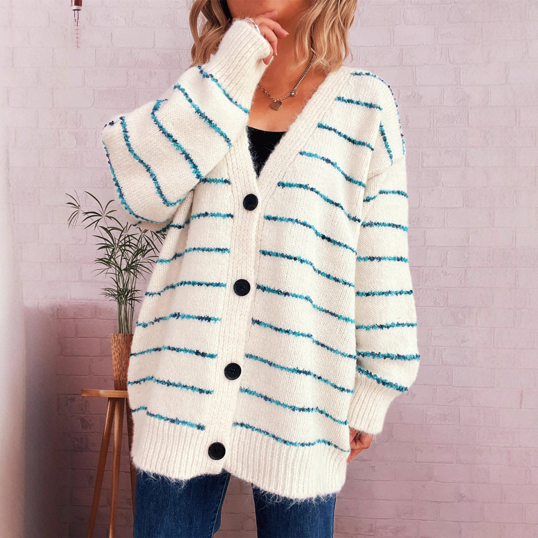 Damer varm strik cardigan med stribet mønster og store knapper Stilla