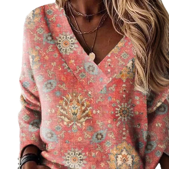 Dame V-hals sweater med blomsterprint Stilla