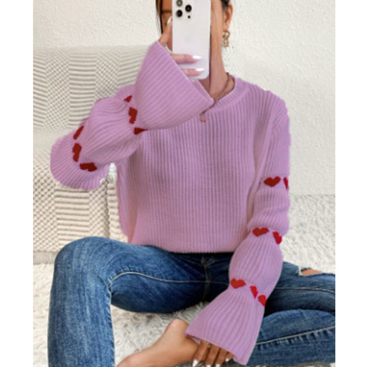 Kvinders strikket sweater med hjerteapplikationer og brede ærmer Stilla