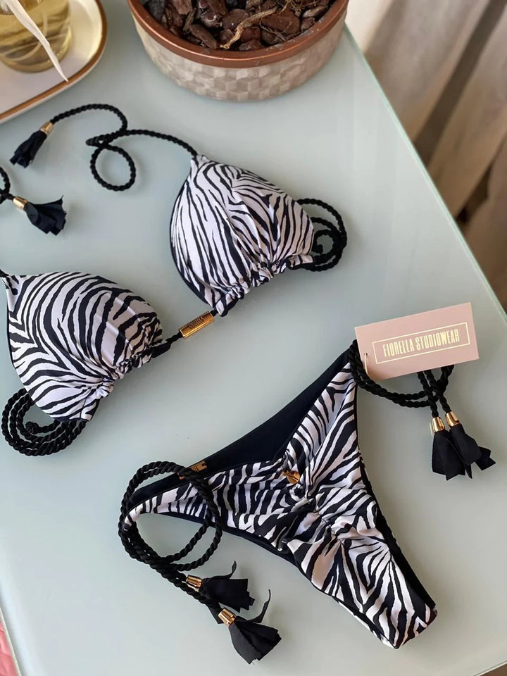 Dame triangel-bikini med moderne leopardmønster og dekorative frynser Skovae