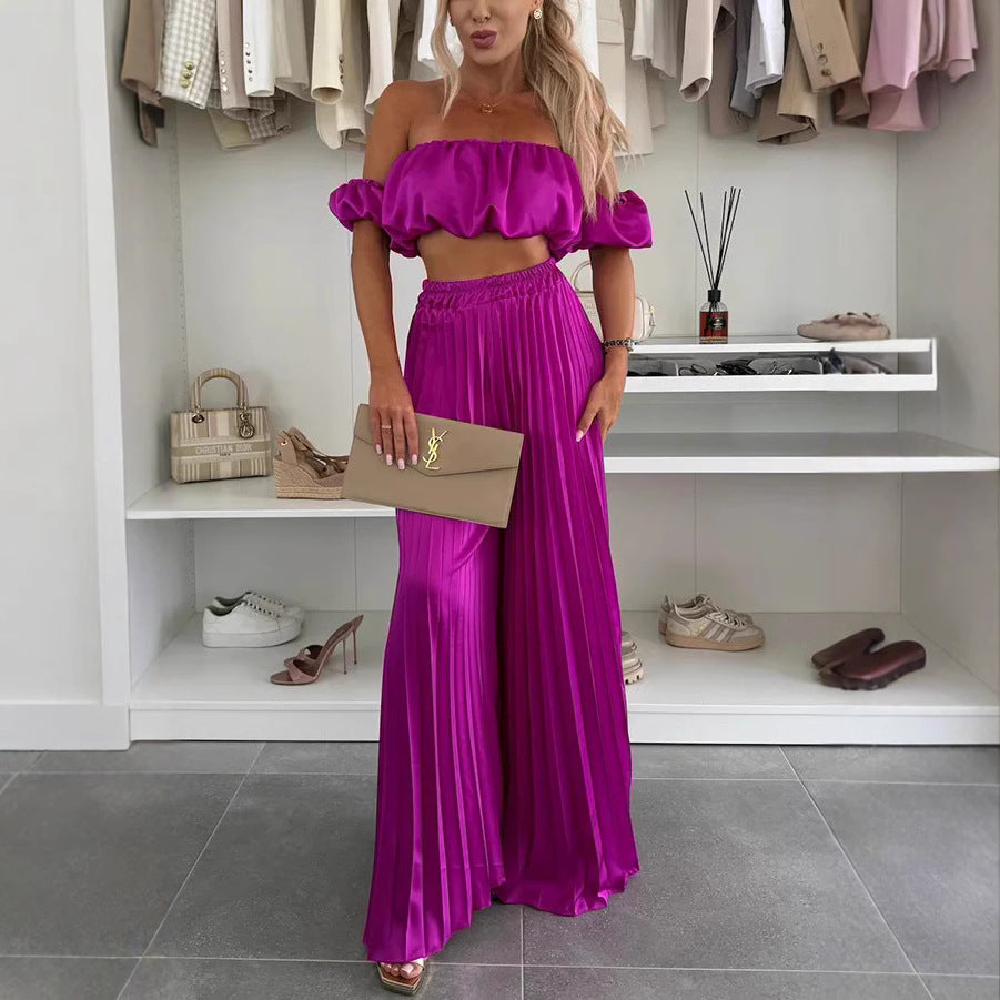 Dame Plisseret Maxi Nederdel og Off-Shoulder Crop Top Sæt Stilla