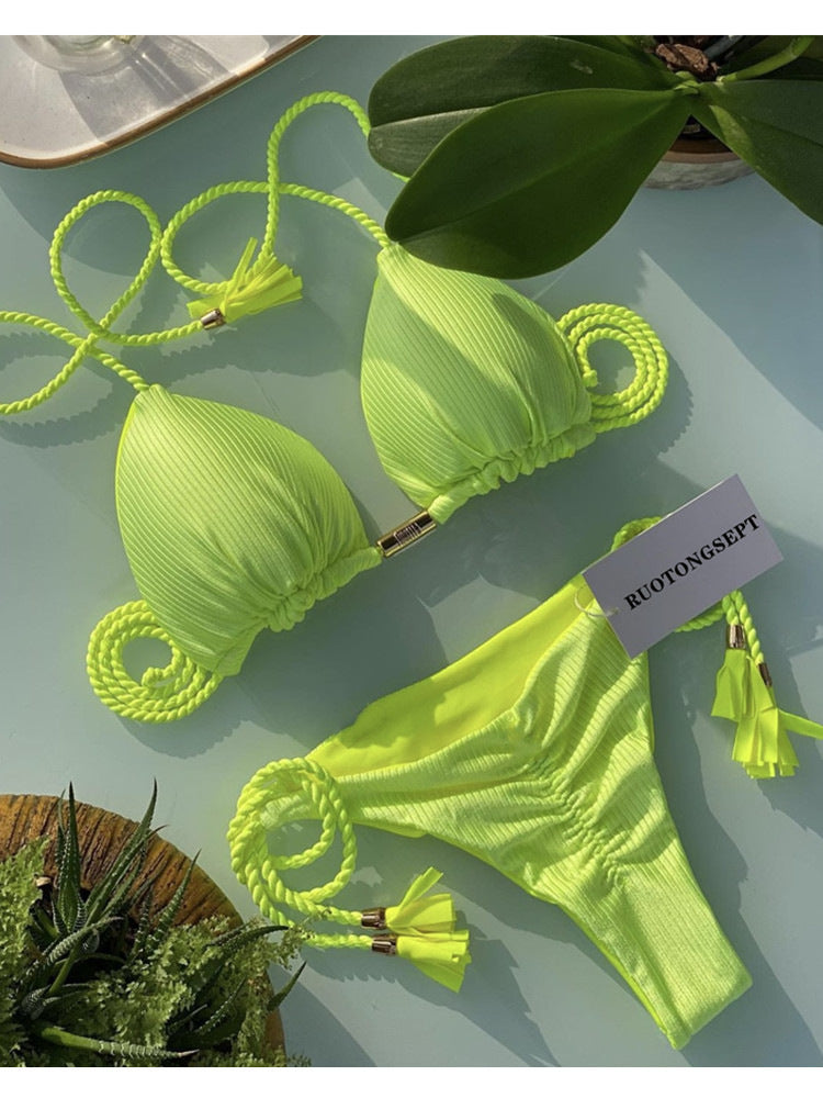 Dame triangel-bikini med moderne leopardmønster og dekorative frynser Skovae