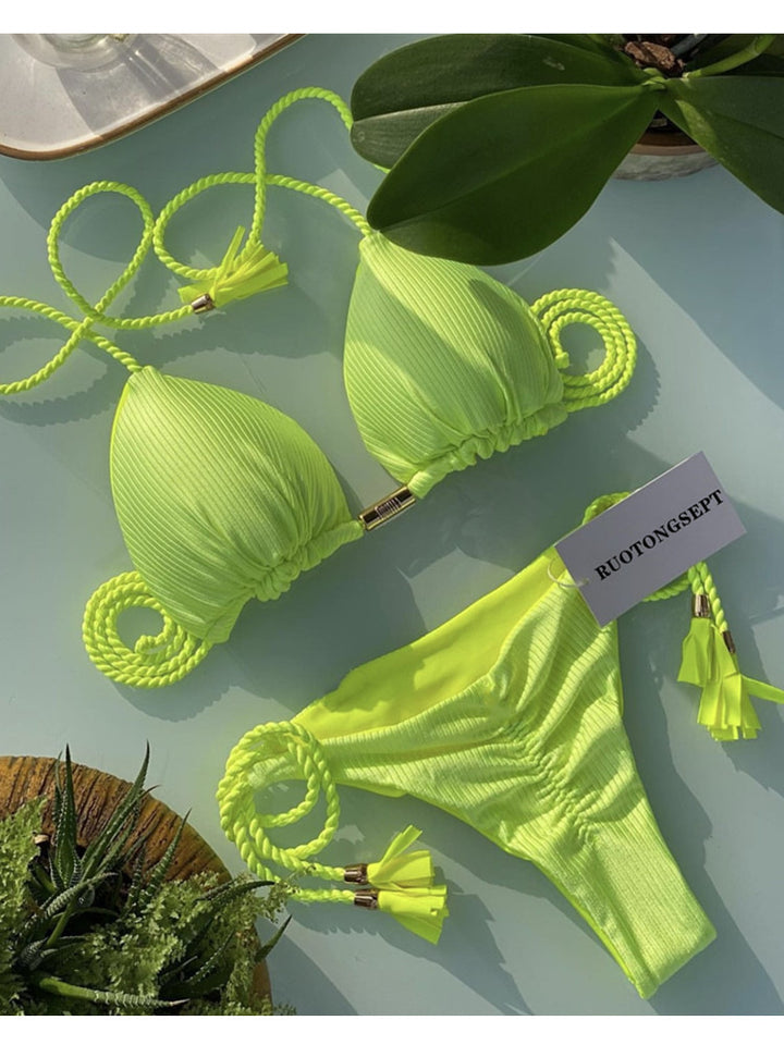 Dame triangel-bikini med moderne leopardmønster og dekorative frynser Skovae