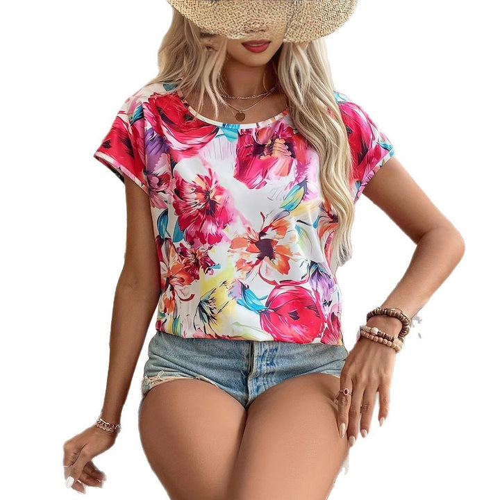 Dame blomstermønster T-shirt med rund halsudskæring og korte ærmer Stilla