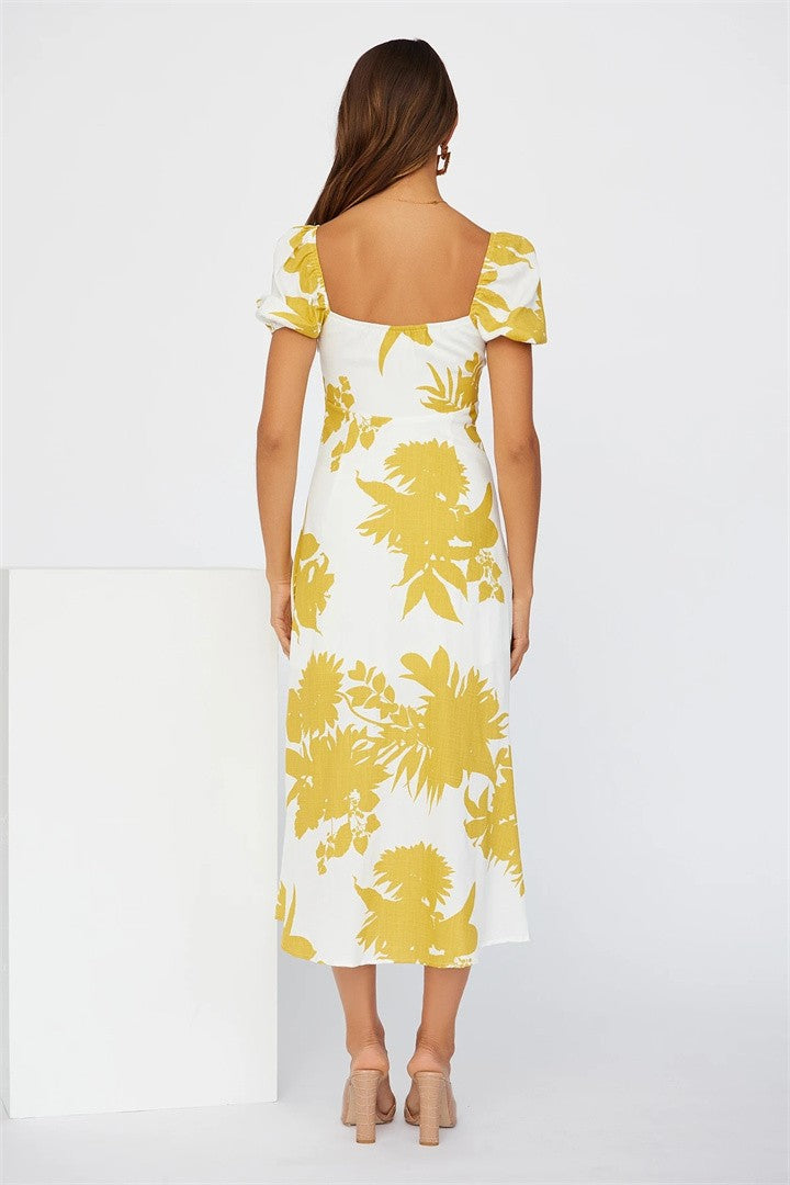 Femme Floral Åben ryg Midi Kjole med Puffærmer Stilla