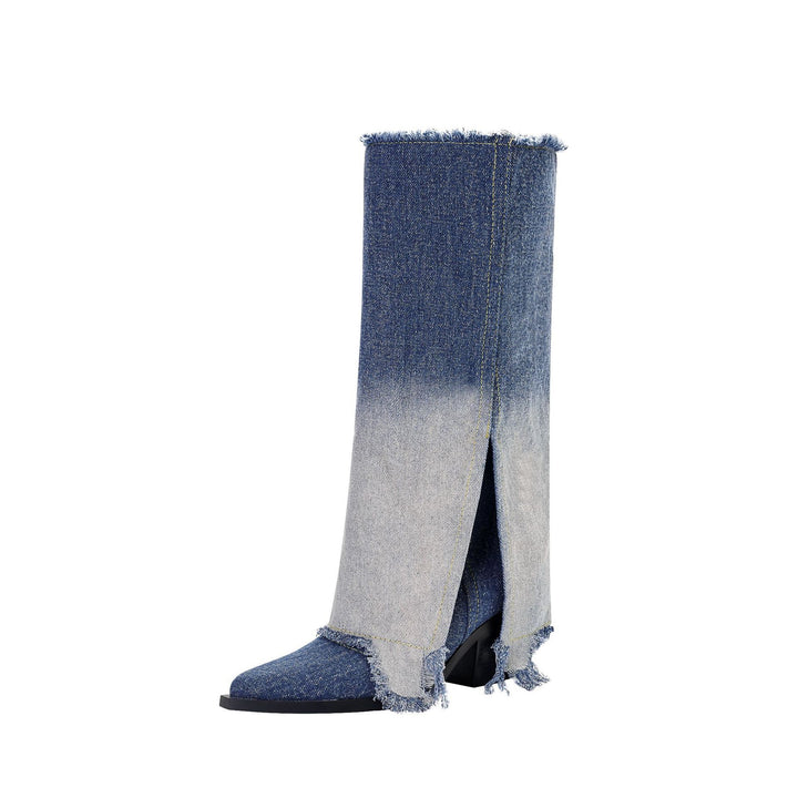 Femme Over-knæet Denim Stiletto Støvler med Skåret Detalje Stilla